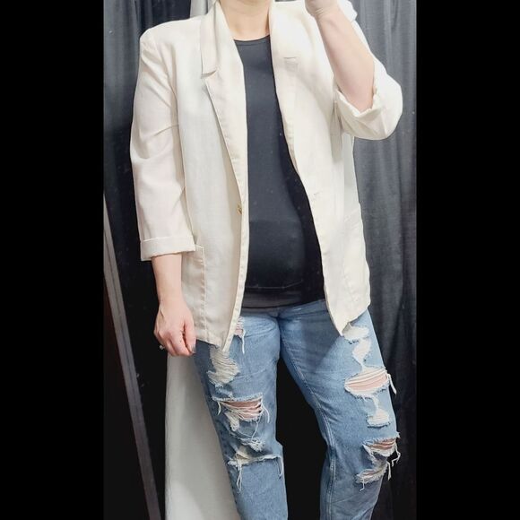 Vintage 90s Neutral Minimalist Beige Lightweight Long Fall Blazer - Picture 3 of 16